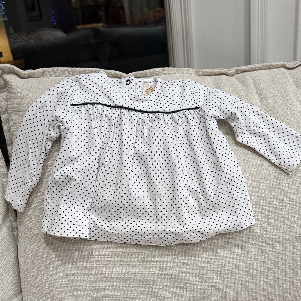 The Beaufort Bonnet Company White and Navy Polka Dot Long Sleeve Girls Top
